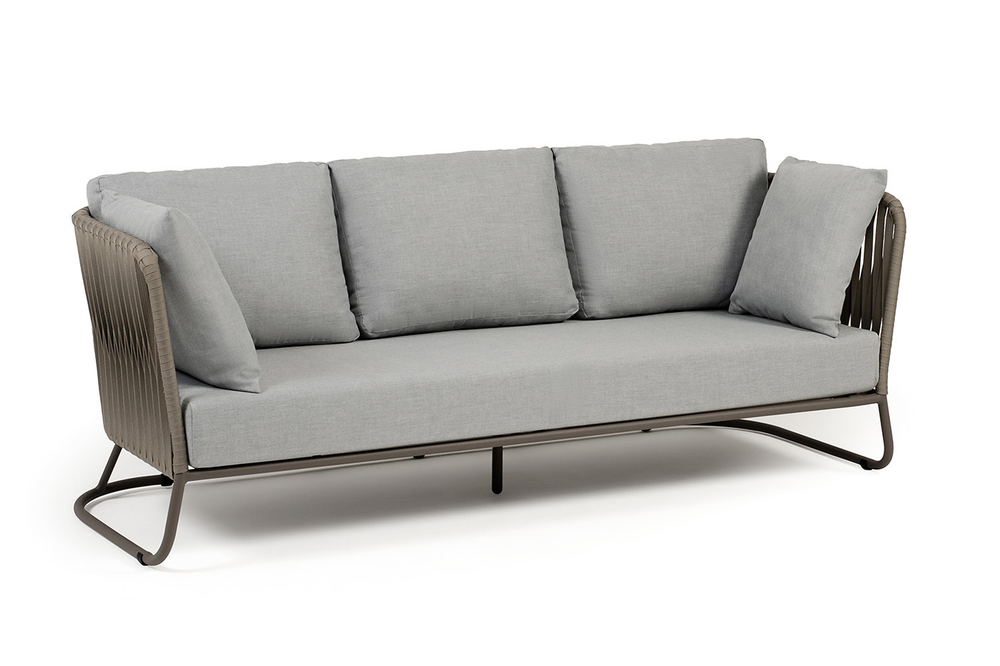"Багамы" диван 3-местный плетеный из роупа, каркас алюминий бежево-серый (RAL7006) муар, роуп серо-коричневый 23мм, ткань светло-серая