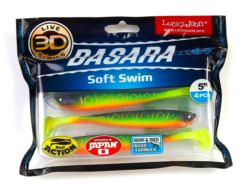 Виброхвост LUCKY JOHN Basara Soft Swim 3D, 5.0in (127 мм), цвет PG02, 4 шт.