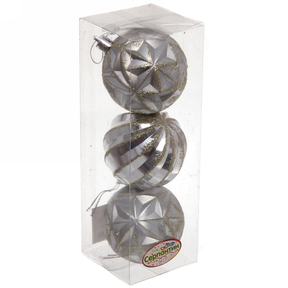 Новогодние шары 6 см (набор 3 шт) «Чудесные узоры», серебро/шампань
