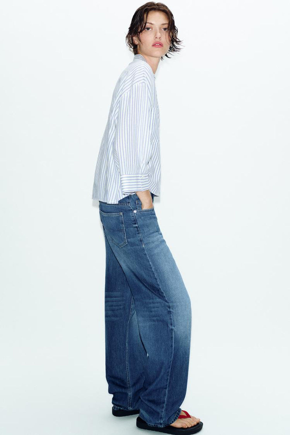 ZARA СВОБОДНАЯ РУБАШКА ИЗ ЛЬНА, СИНИЙ/БЕЛЫЙ