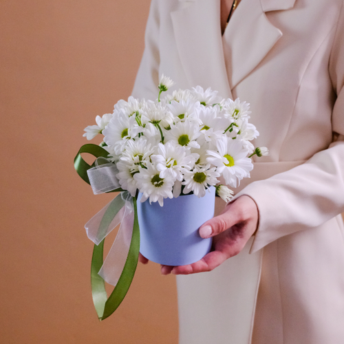 Купить Композиция-мини «Ромашки» в шляпной коробке #947