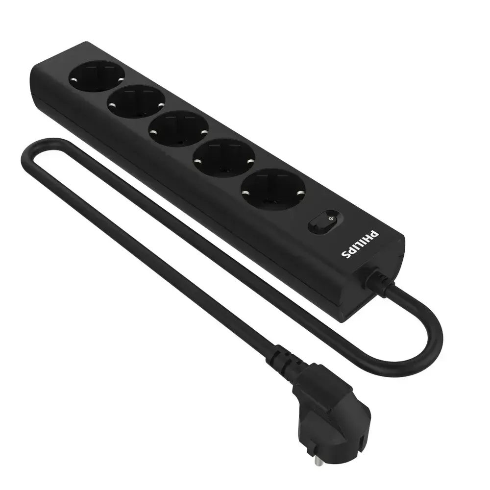 Сетевой фильтр удлинитель Philips CHP2155BB/51 с пятью стандартными розетками EU, с заземлением и защитой от перегрузок, 3 м, черный