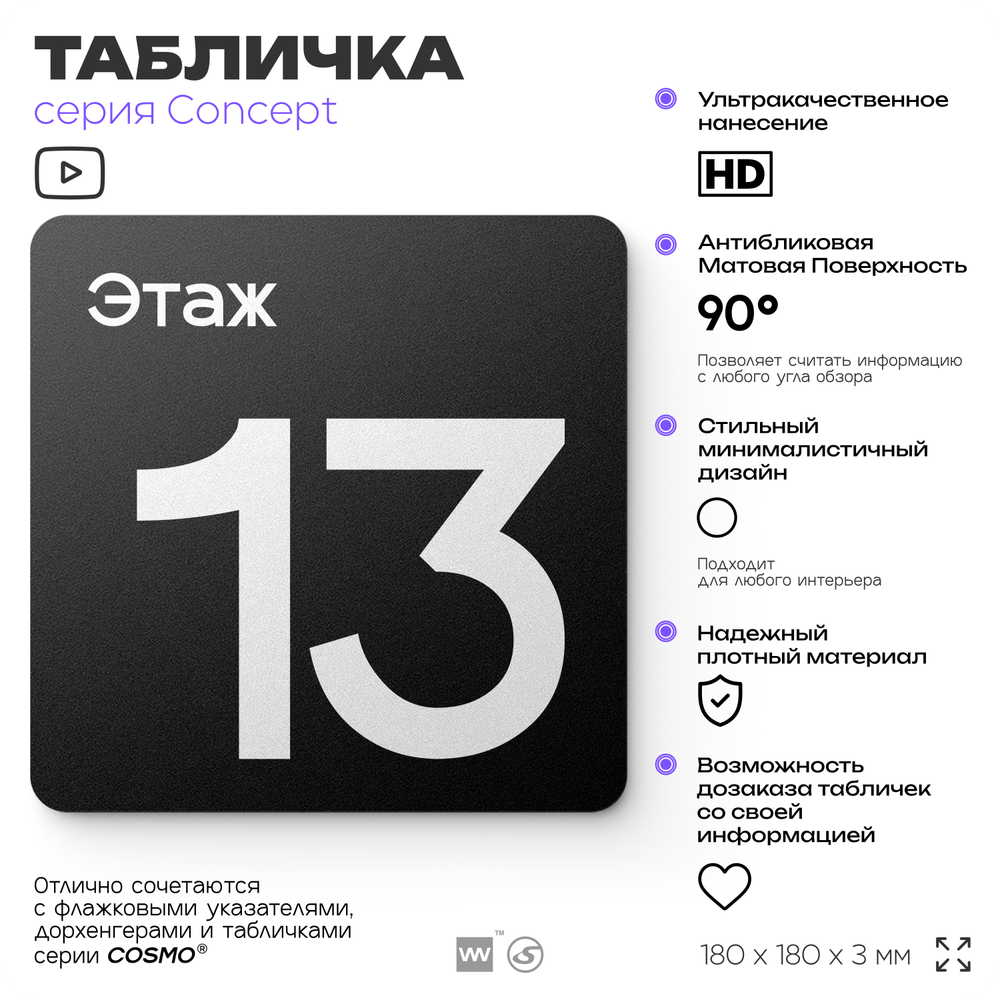 Табличка Этаж 13, на дверь и стену, навигационная и информационная, серия CONCEPT, 18х18 см, Айдентика Технолоджи