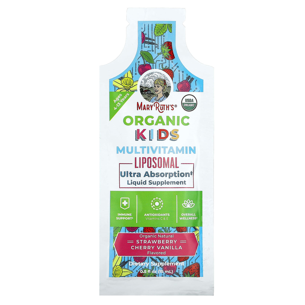 MaryRuth's, Organic Kids, липосомальные мультивитамины, для детей от 4 до 13 лет, клубника, вишня, ваниль, 14 пакетиков по 15 мл (0,5 жидк. унции)