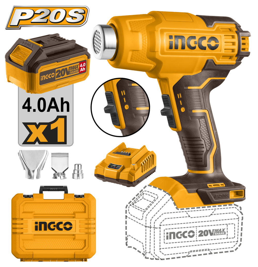 Фен аккумуляторный 20 В INGCO HGLI20025