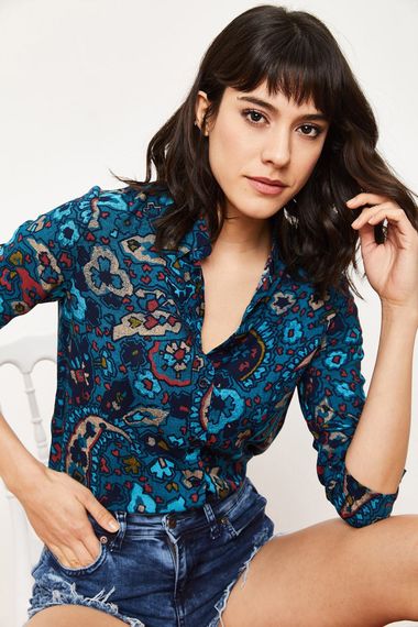 Qadın üçün mavi, qolu qatlamalı  Etnik Naxışlı Köynək 10041023