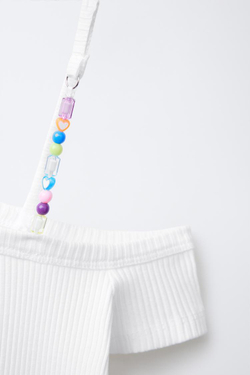 ZARA АСИММЕТРИЧНЫЙ ТОП В РУБЧИК С БУСИНАМИ, БЕЛЫЙ