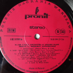 Винтажная виниловая пластинка LP Allan Caddy Orchestra and Singers Tribute To Engelbert Humperdinck (Польша 1974)