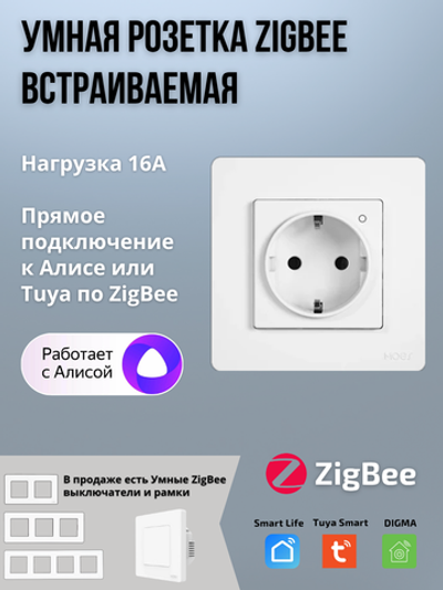 Умная евророзетка Tuya, ZigBee, управление голосом Алиса, белая, до 16А и 3500Вт, память состояния