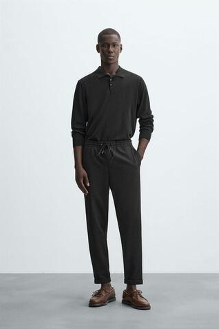 ZARA БРЮКИ EASY CARE С ПОЯСОМ НА ШНУРКЕ, ЧЕРНЫЙ
