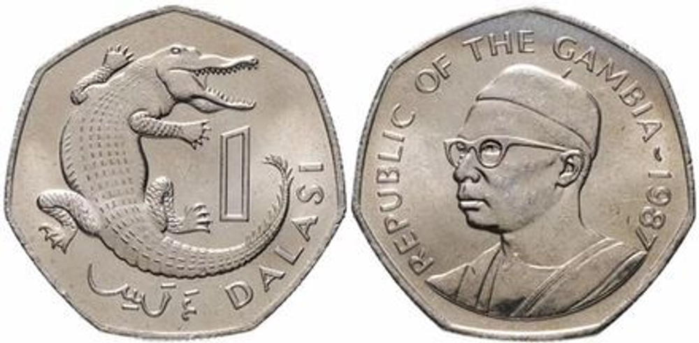 Гамбия 1 даласи, 1987 Крокодил VF