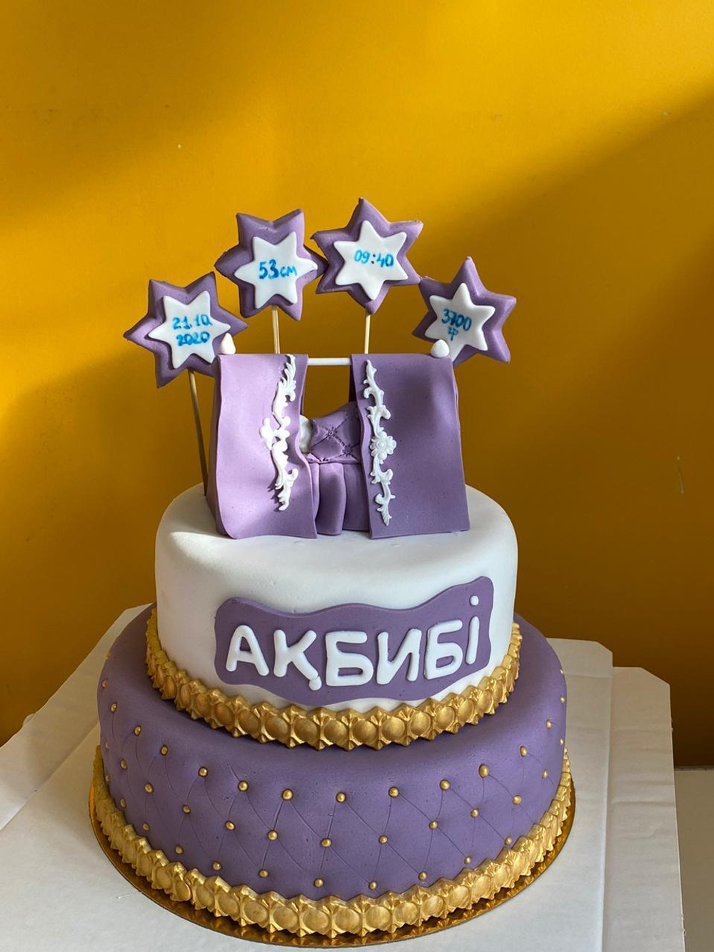 2-ярусный торт на Бесік той, для девочки, цвет фиолетовый