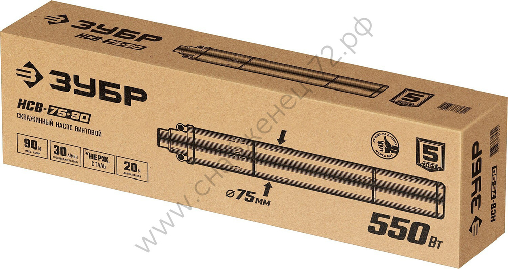 ЗУБР 550 Вт, 90 м напор, скважинный насос винтовой, корпус из нержавеющей стали (НСВ-75-90)