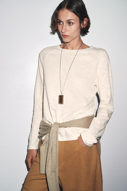 ZARA ХЛОПКОВАЯ ФУТБОЛКА РЕГЛАН, ПЕСОЧНЫЙ МЕЛАНЖ