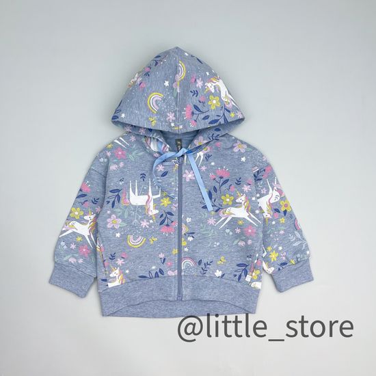 Толстовка на молнии "Единороги в цветах" из футера, серо-голубая