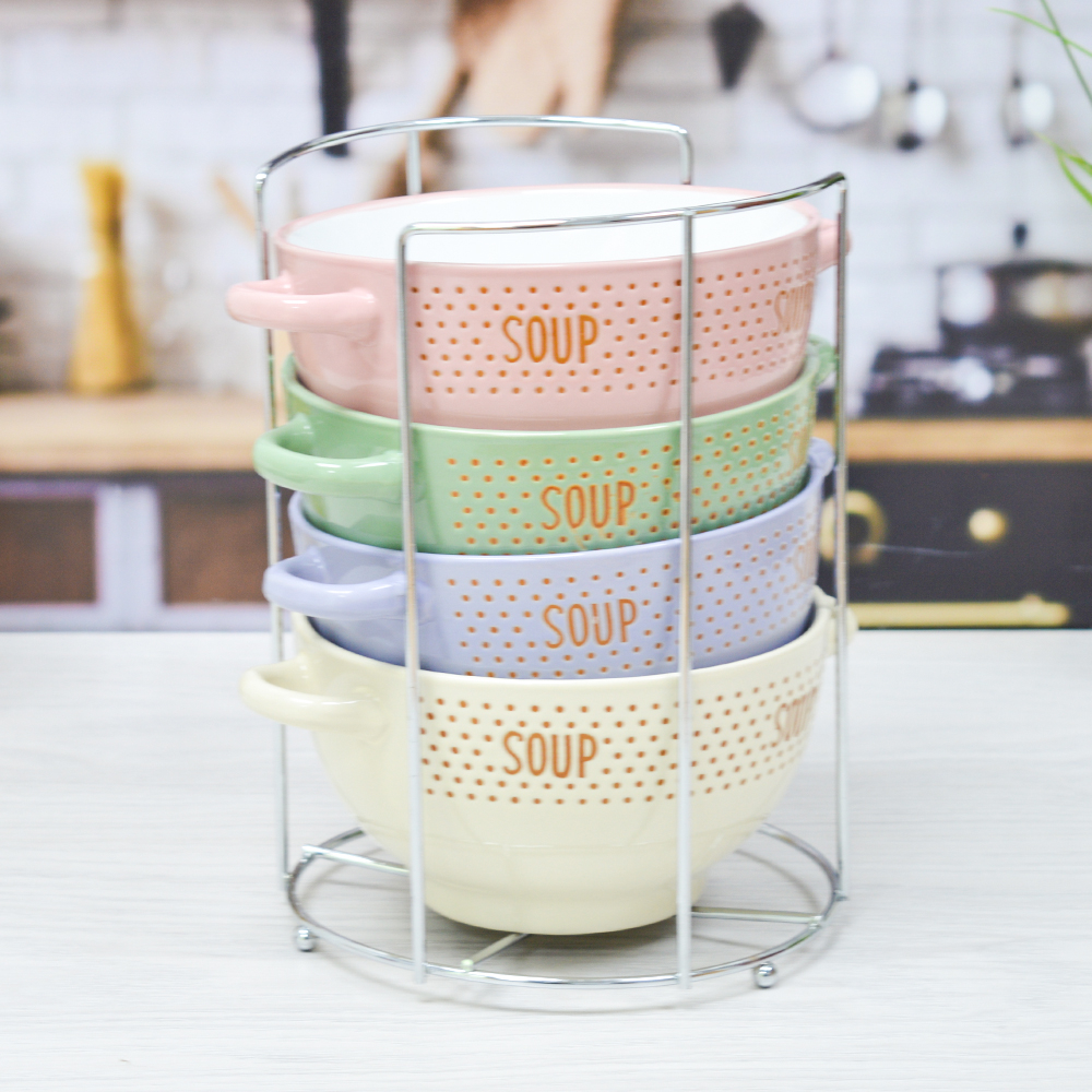 Набор бульонниц 4 предмета 650мл на подставке "Пастель"