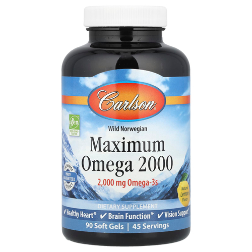 Carlson, Maximum Omega 2000, омега-3 кислоты из норвежской рыбы дикого улова, с натуральным лимонным вкусом, 2000 мг, 90 капсул (1000 мг в 1 капсуле)