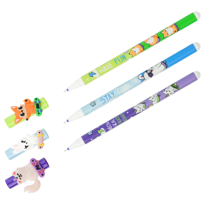 Ручка гелевая стираемая "Skate party" синяя, 0,5мм, корпус ассорти, с топпером