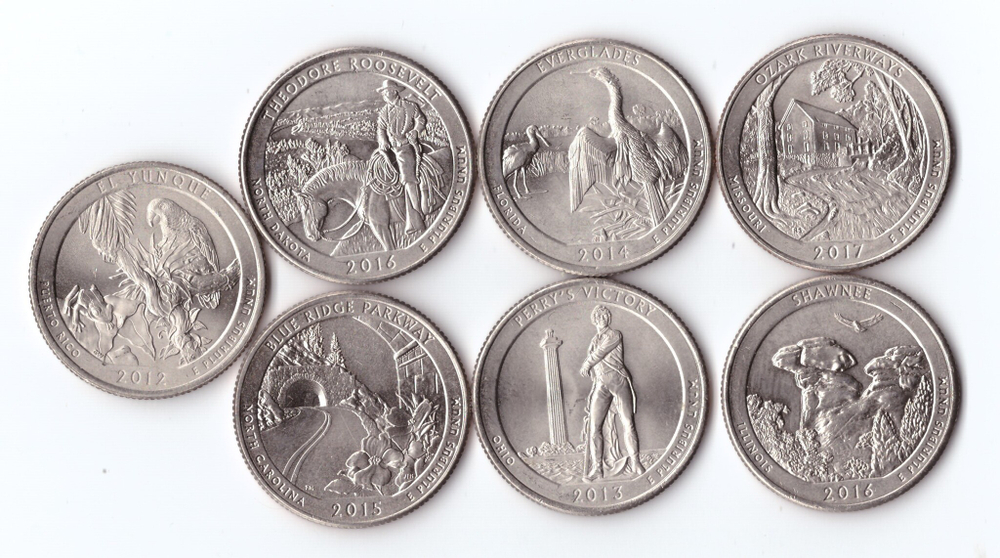 1/4 доллара США 2012,13,14,15,16,17 г. 7 шт. Разные. Медно-никель XF