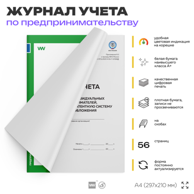 Книга учета доходов индивидуальных предпринимателей, применяющих патентную систему налогообложения (новая), приложение №3 к Приказу ФНС России, А4, 56 стр., Докс Принт