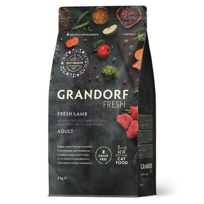 Беззерновой корм с живыми пробиотиками GRANDORF Fresh Cat ADULT Lamb & Sweet Potato для кошек с мясом ягненка и бататом, Пакет 2 кг