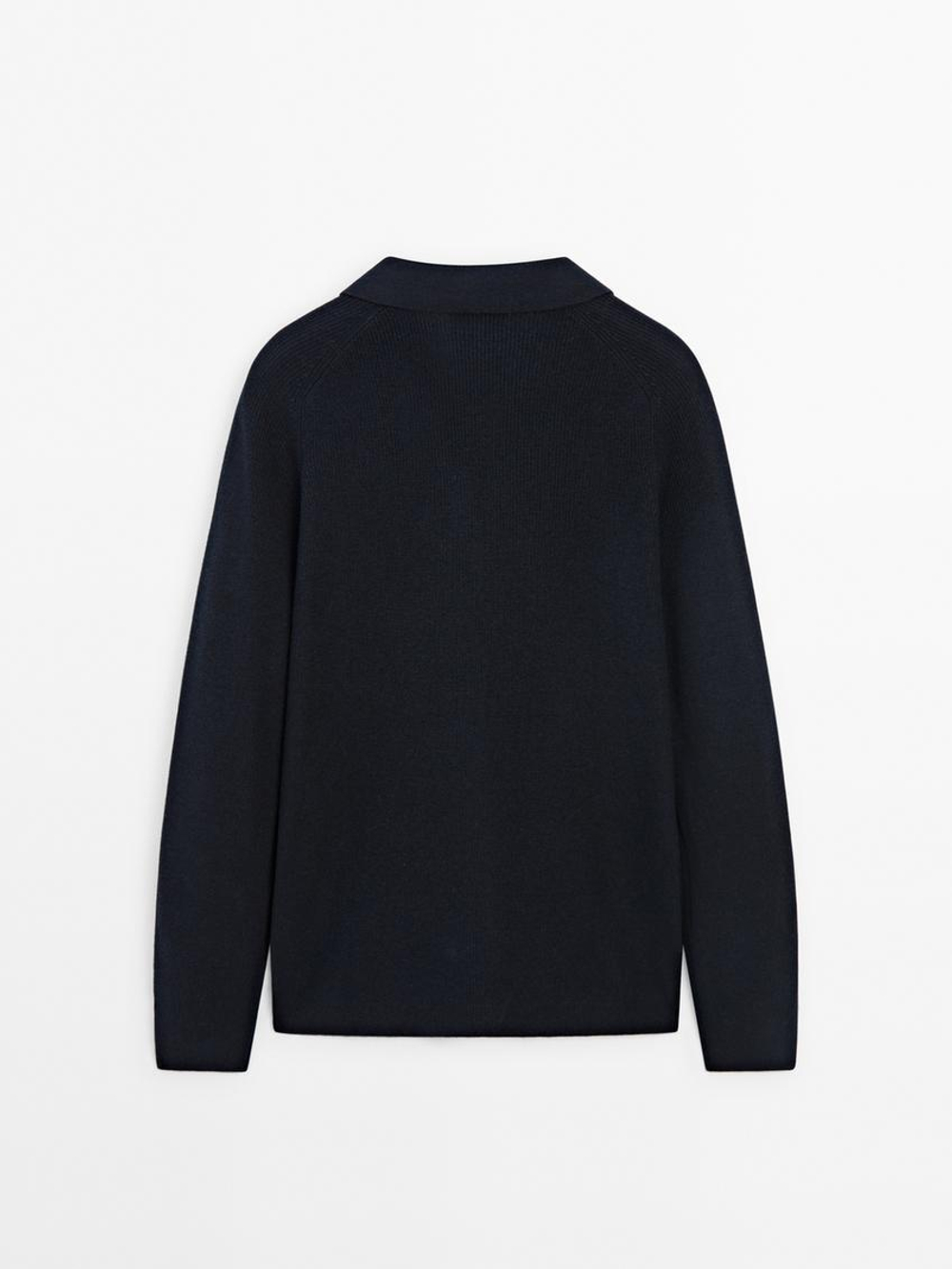 Massimo Dutti Вязаный свитер с воротником-поло, темно-синий
