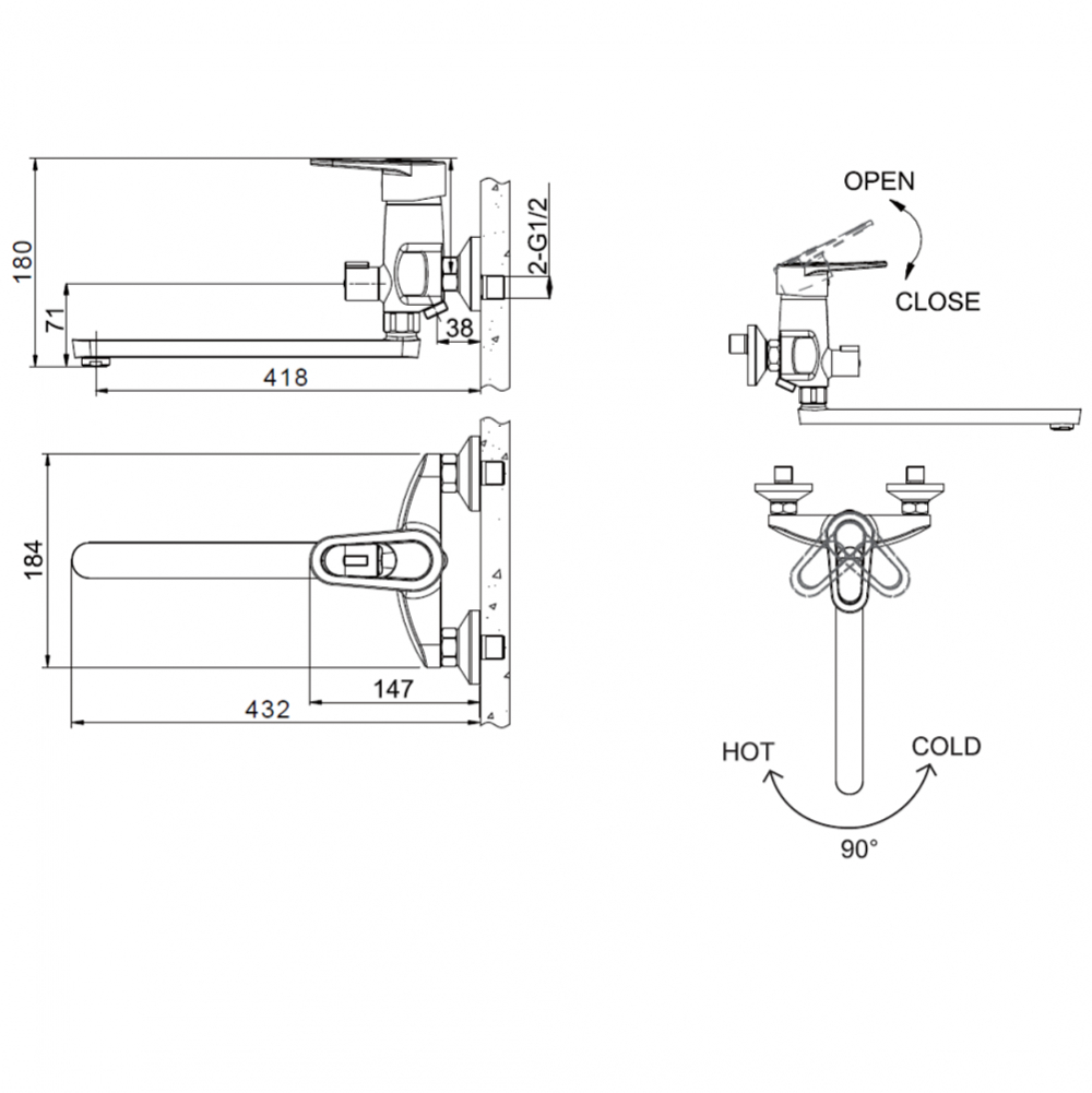 F6124182CP-02L-RUS BRAVAT LOOP Смеситель для ванны с длинным изливом (к/к 31)