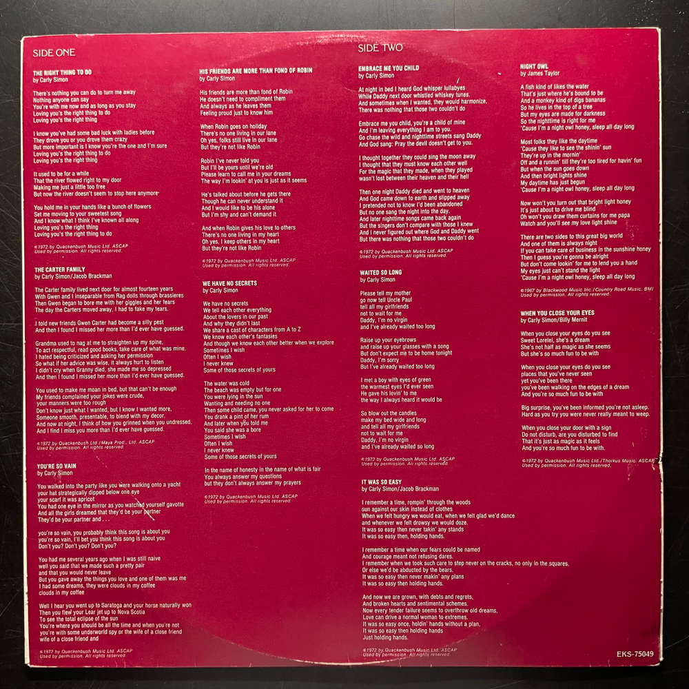 Carly Simon ‎– No Secrets (США 1972г.)