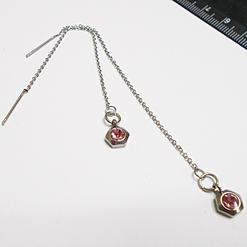 Стальные серьги протяжки цепочки (98мм) "Розовый кристаллик" для пирсинга ушей. Stainless Steel.
