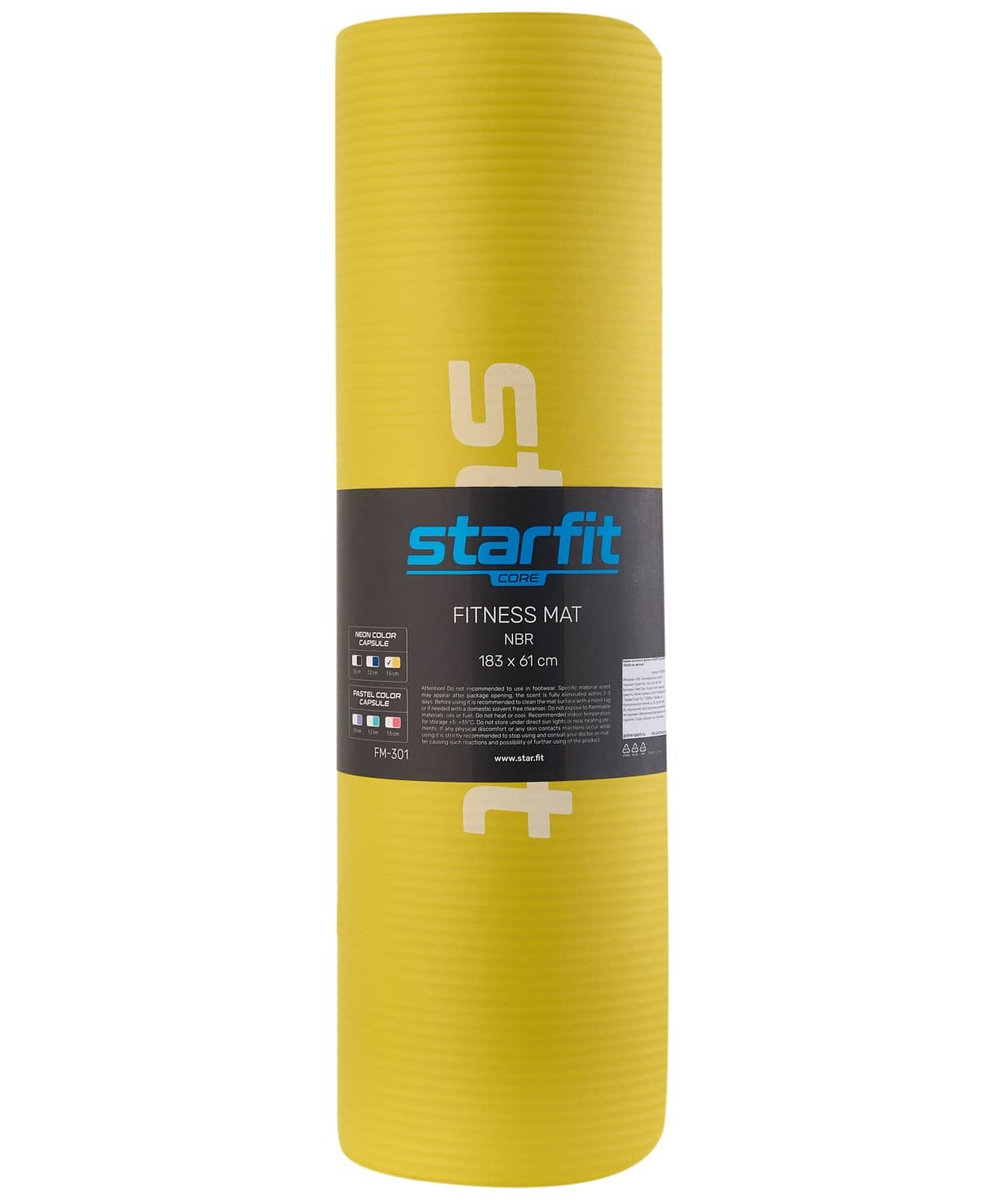Коврик для йоги и фитнеса FM-301, NBR, 183x61x1,5 см, желтый