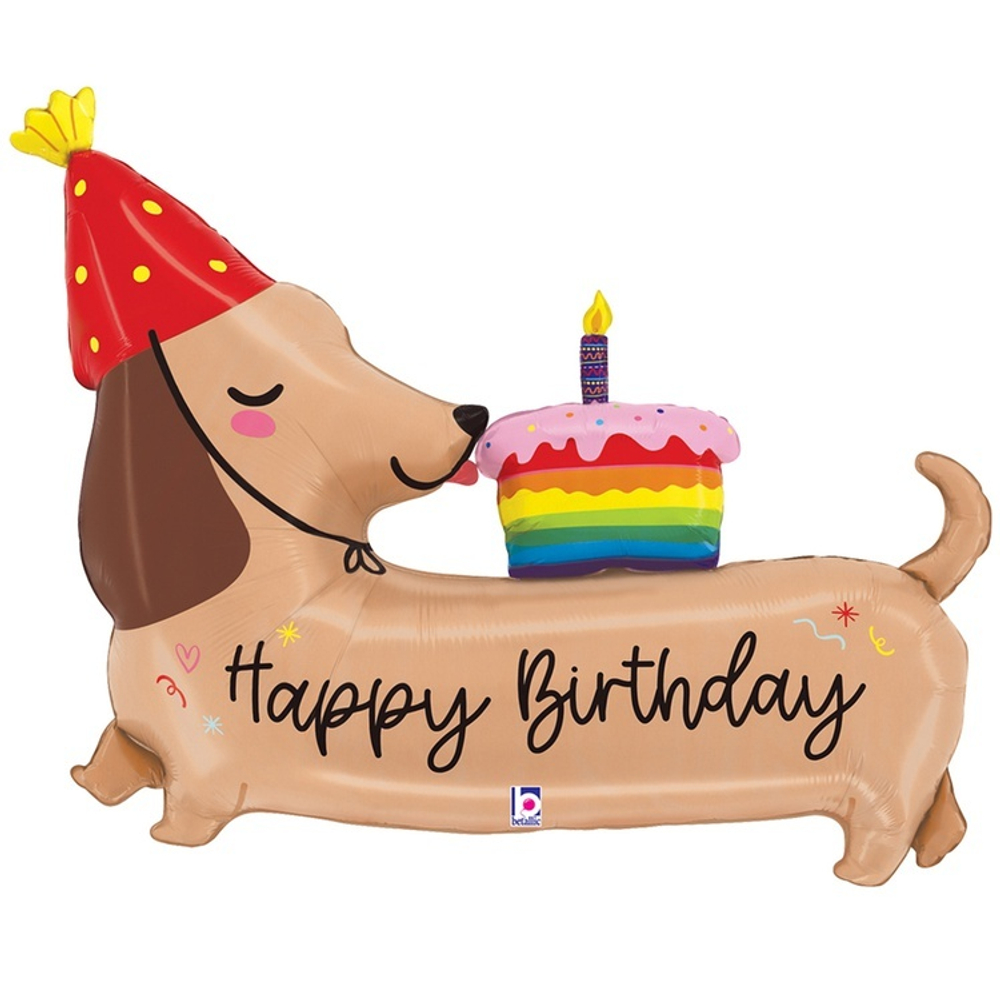 Фигурный шар в виде праздничной таксы с тортом и надписью happy birthday