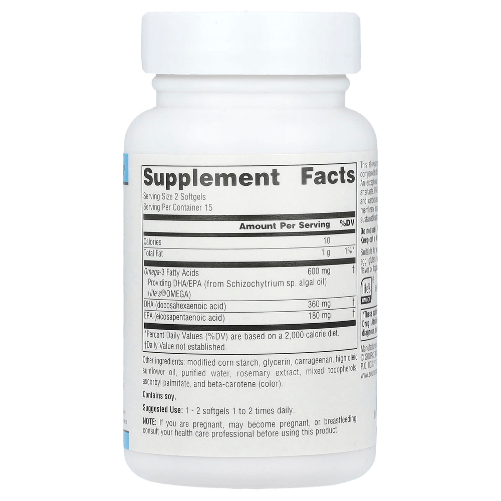 Source Naturals, веганские омега-3, 30 веганских капсул