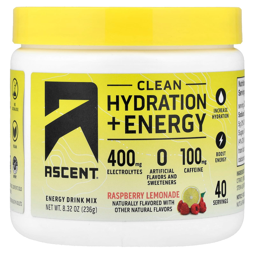Ascent, Clean Hydration + Energy, Energy Drink Mix, Raspberry Lemonade, 8.32 oz (236 g)