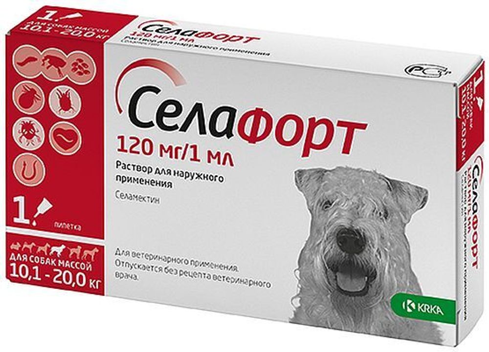 Селафорт противопаразитарный препарат для собак весом от 10,1 до 20 кг, пипетка 120мг/1мл