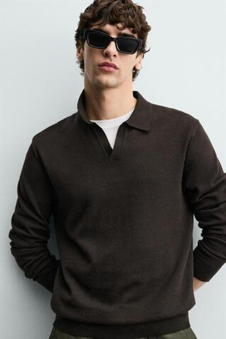 ZARA ТРИКОТАЖНОЕ ПОЛО КЛАССИЧЕСКОГО КРОЯ, ШОКОЛАДНЫЙ