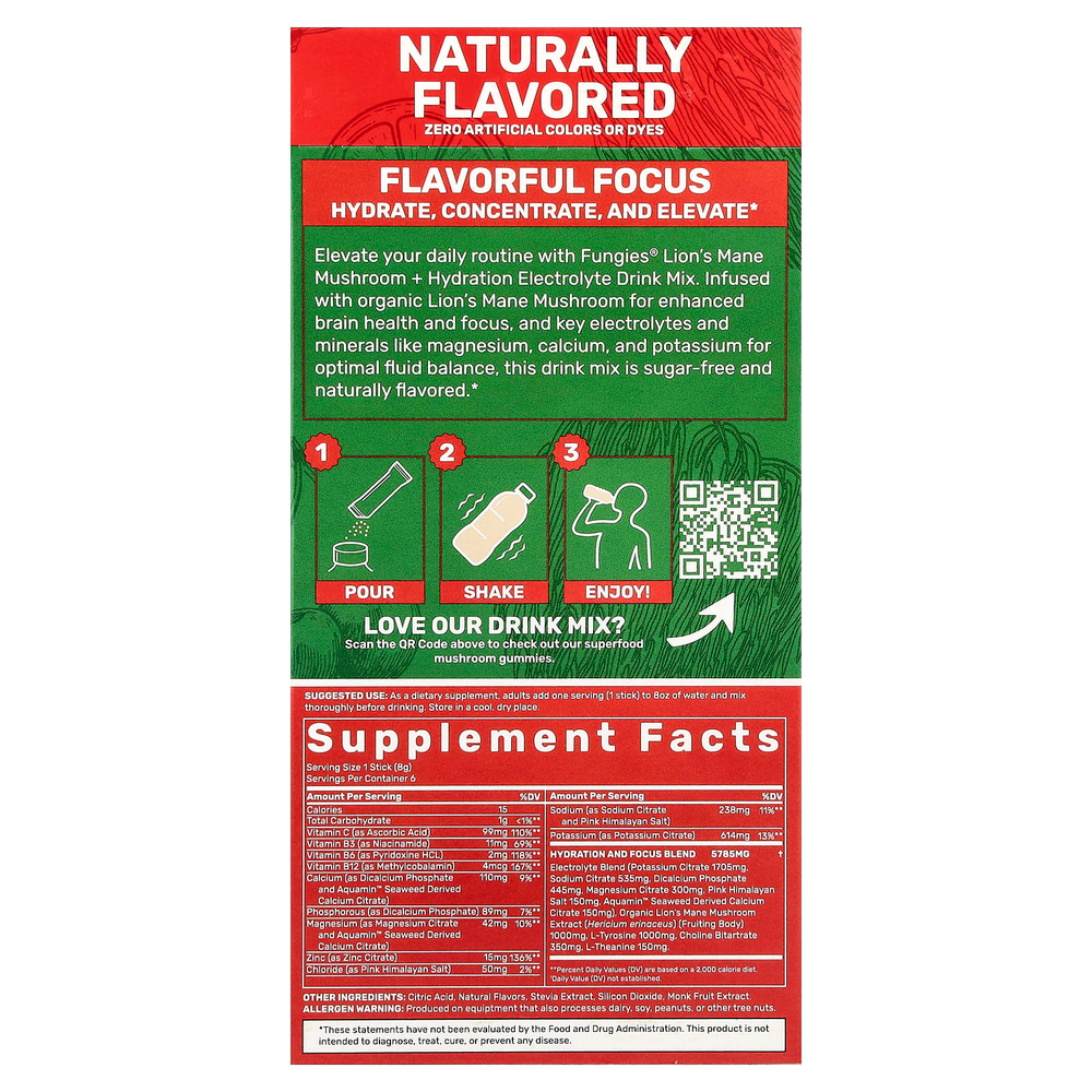 Fungies, ежовик гребенчатый, гриб, гидратация, смесь для приготовления электролитического напитка, вишневый лаймад, 6 пакетиков по 8 г (0,28 унции)