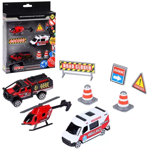 Служба спасения с дорожными знаками (внедорожник, вертолет, фургон)