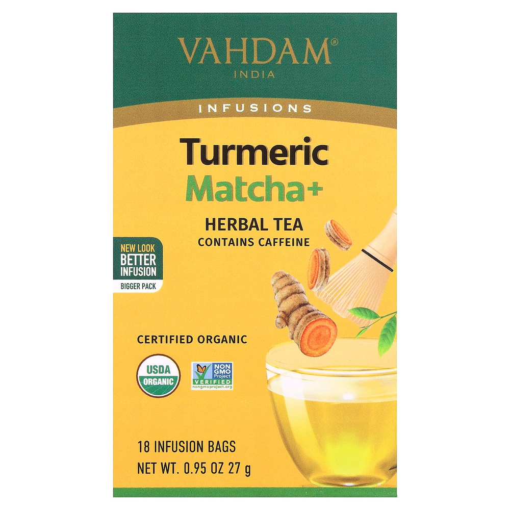 VAHDAM India, Infusions, травяной чай, куркума и матча, 18 пакетиков для заваривания, 27 г (0,95 унции)