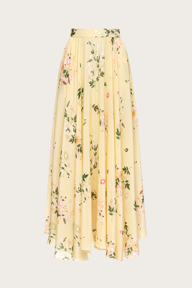 ЮБКА ИЗ ЖЕЛТОГО ШЕЛКА С ЦВЕТОЧНЫМ ПРИНТОМ