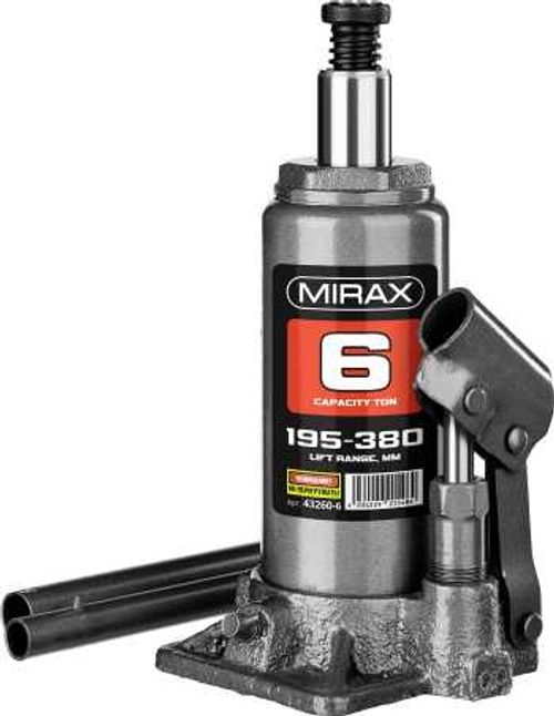 Домкрат гидравлический бутылочный, 6т, 195-380 мм, MIRAX 43260-6