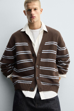 ZARA ЖАККАРДОВЫЙ КАРДИГАН В ПОЛОСКУ, КОРИЧНЕВЫЙ