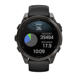 Спортивные часы Garmin fenix 8, 47 мм, AMOLED, титан с DLC, сапфир, силиконовый ремешок цвета чёрный/«серая галька» Тёмно-серый безель из титана с DLC-покрытием, AMOLED-дисплей. Ремешок с классической застёжкой — на запястье обхватом 125–208 мм