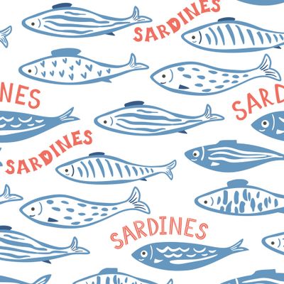 Синие сардины и красный текст срадины