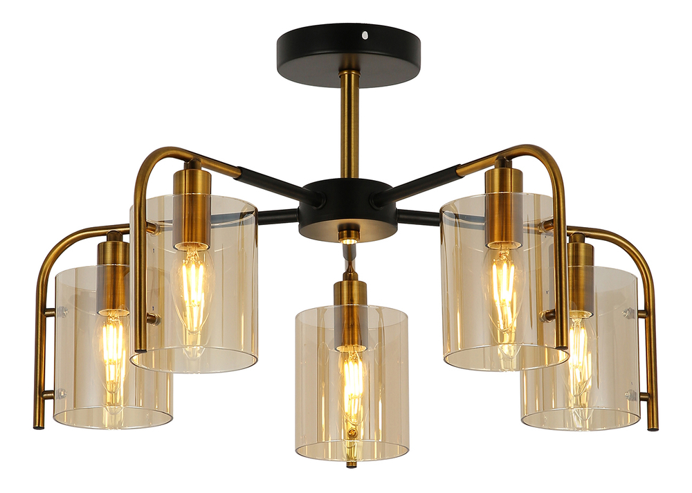 Потолочный светильник 5x40Вт E14, металл/стекло, чёрный/золото/янтарный плафон