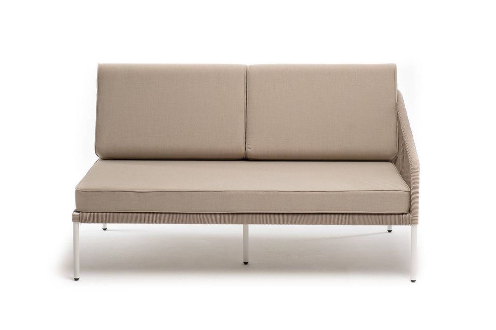 "Канны" левый модуль плетеный из роупа, каркас алюминий белый муар, роуп бежевый круглый, ткань бежевая 15052