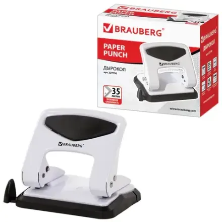 Дырокол до 35л, Brauberg PN-150M, металлический, с линейкой, белый
