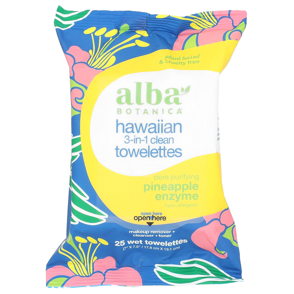 Alba Botanica, Hawaiian, очищающие салфетки 3 в 1, с ананасовым ферментом, 25 влажных салфеток