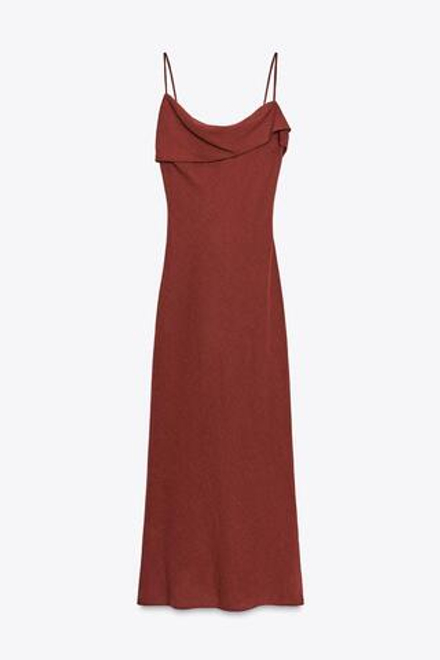 ZARA ПЛАТЬЕ МИДИ НА БРЕТЕЛЯХ ИЗ РАМИ, ВИННЫЙ
