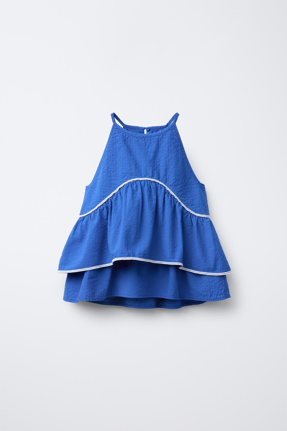 ZARA ТОП С ВОЛАНАМИ И ДЕКОРАТИВНОЙ СТРОЧКОЙ, СИНИЙ