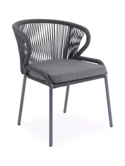 "Милан" стул плетеный из роупа, каркас алюминий темно-серый (RAL7024) муар, роуп темно-серый круглый, ткань темно-серая 027